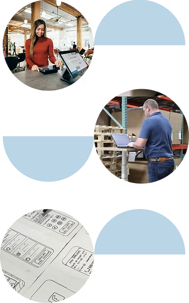 Collage of product design work: restaurant POS, warehouse logistics, and UX wireframes